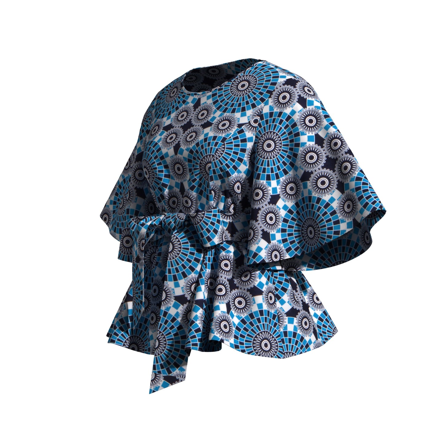 African Print Flare Sleeve Peplum Blouse with Waist Sash