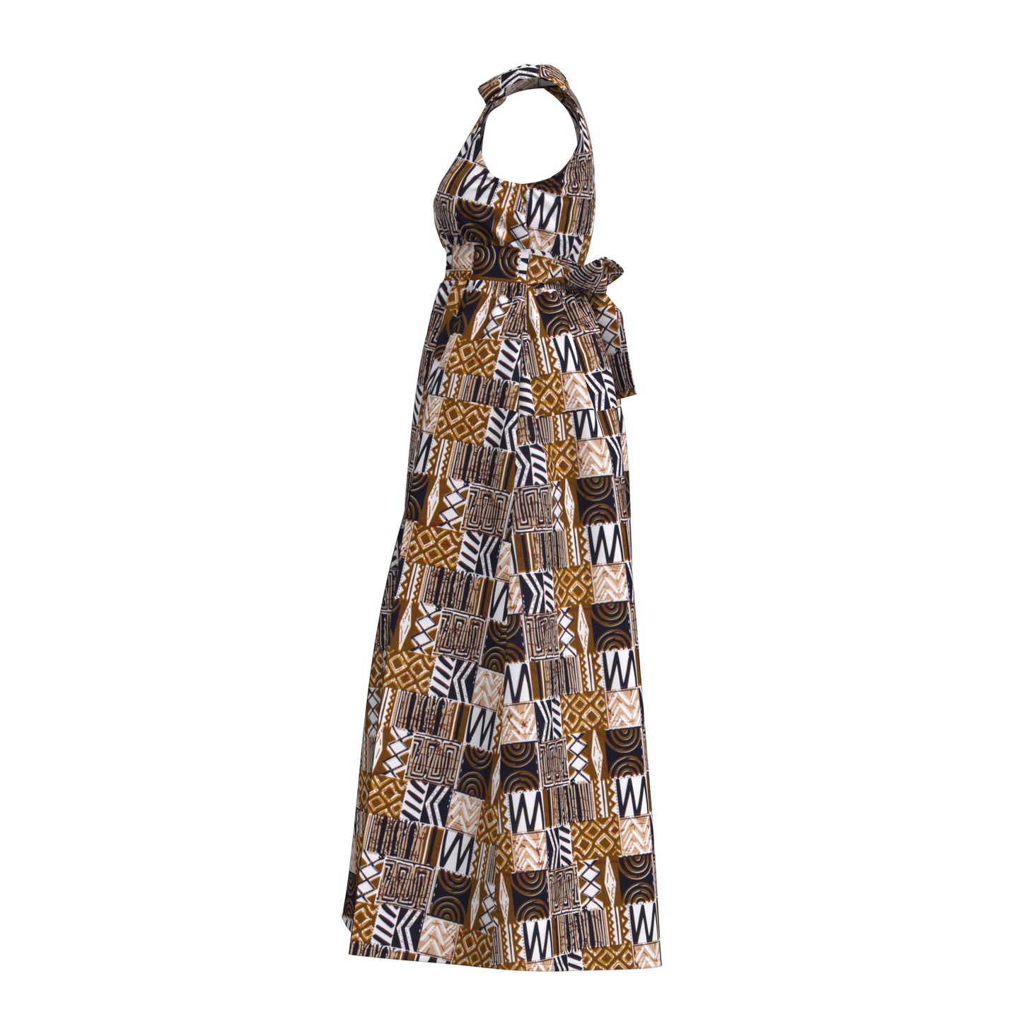 Ladies African Fabric Halter Maxi Dress With Back Bow & Side Split