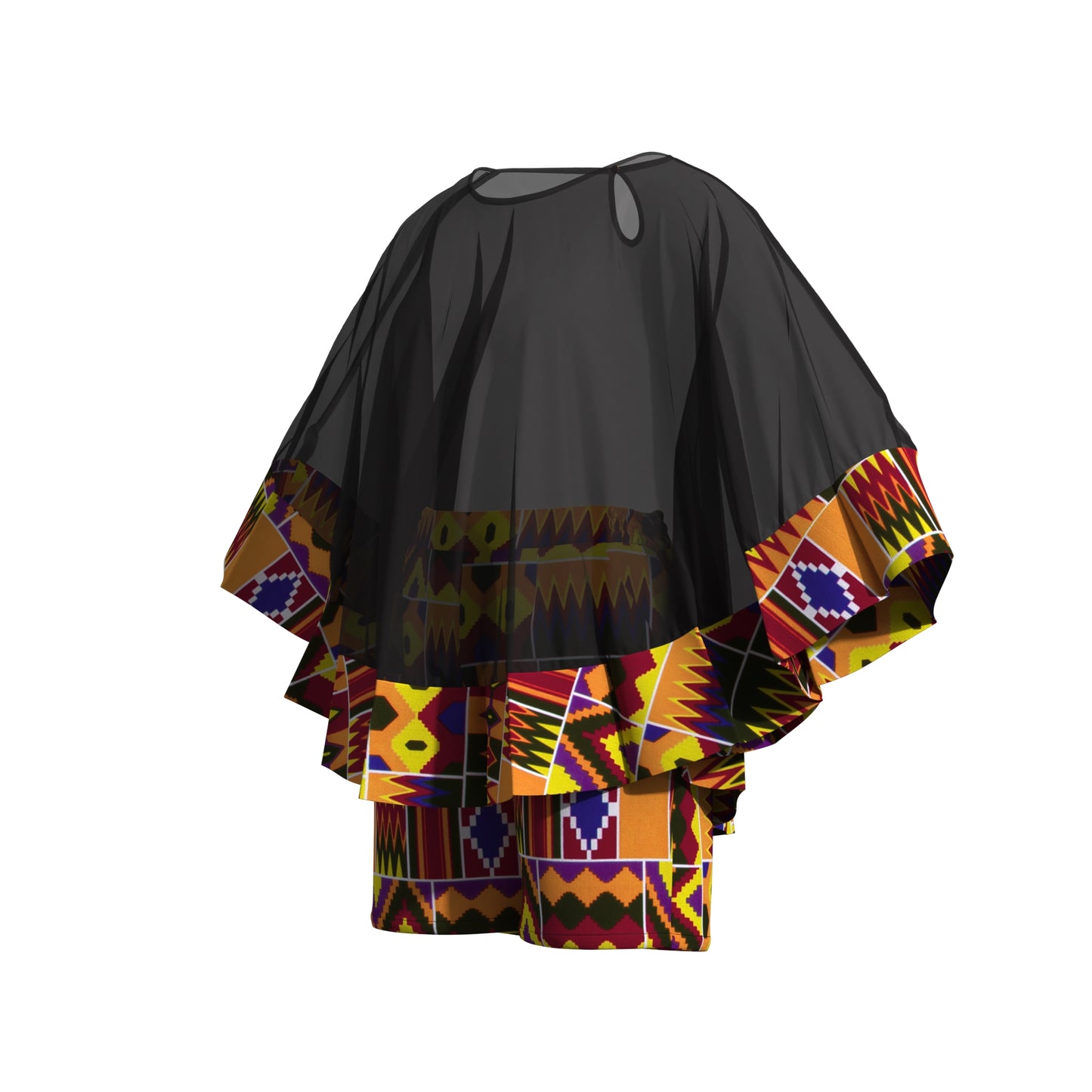 African Print Chiffon Cape Top & Shorts Two-Piece Set
