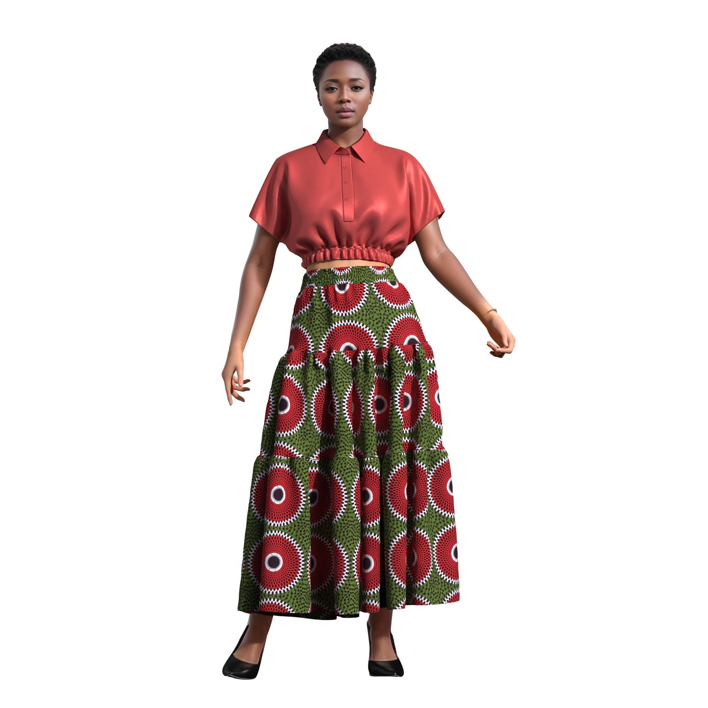 Ankara Print High Waist Tiered Ruffle Maxi Skirt