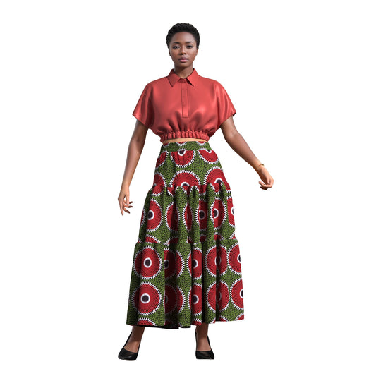 Ankara Print High Waist Tiered Ruffle Maxi Skirt