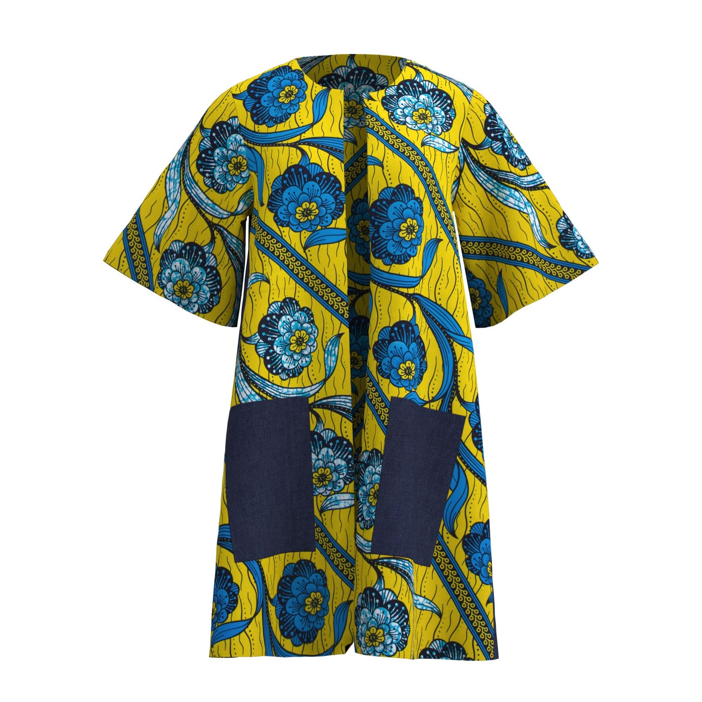 Women's African Print Long Kimono Jacket No-Button Loose Fit with Pockets Ankara Fashion Top