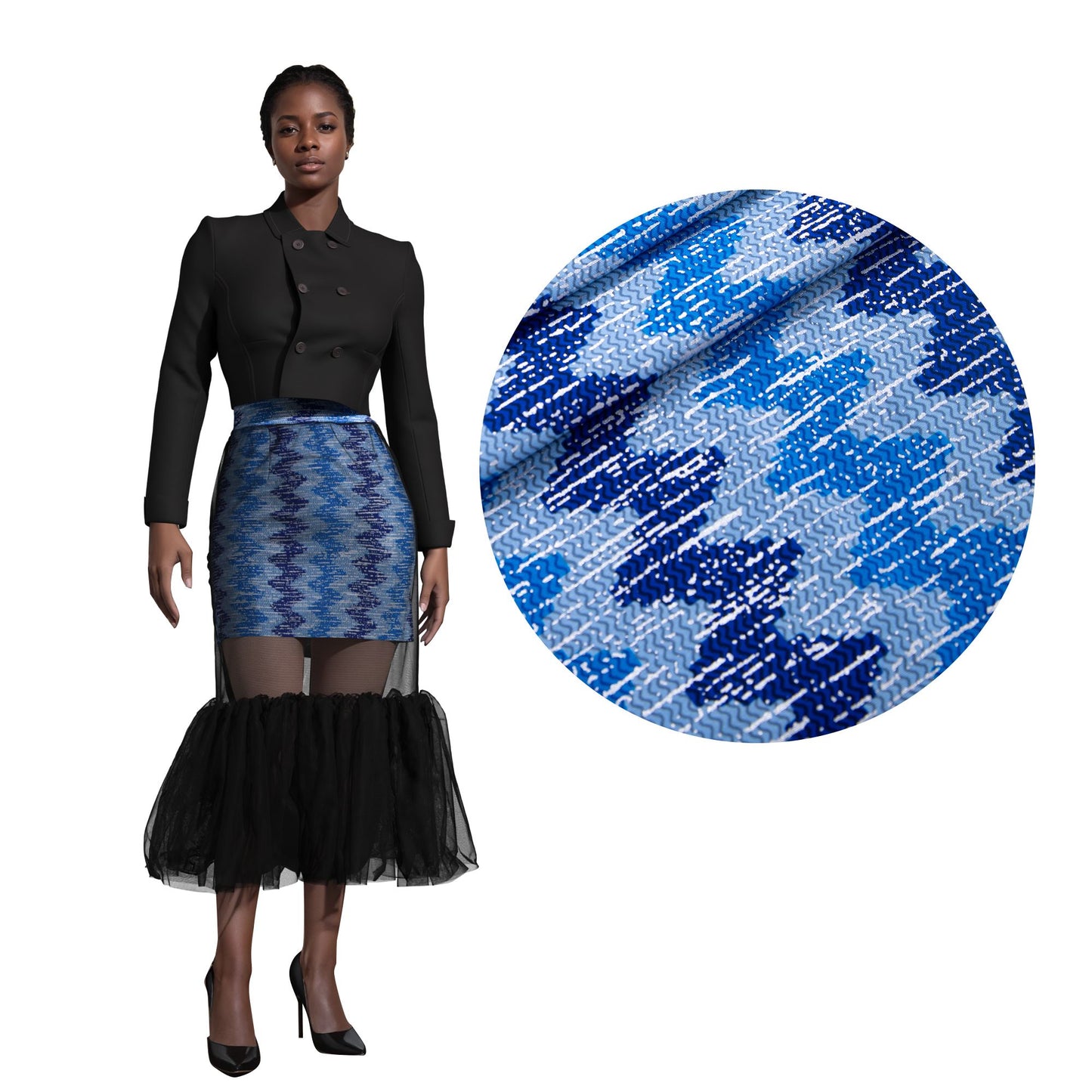 African Print Mesh Overlay Mermaid Midi Skirt