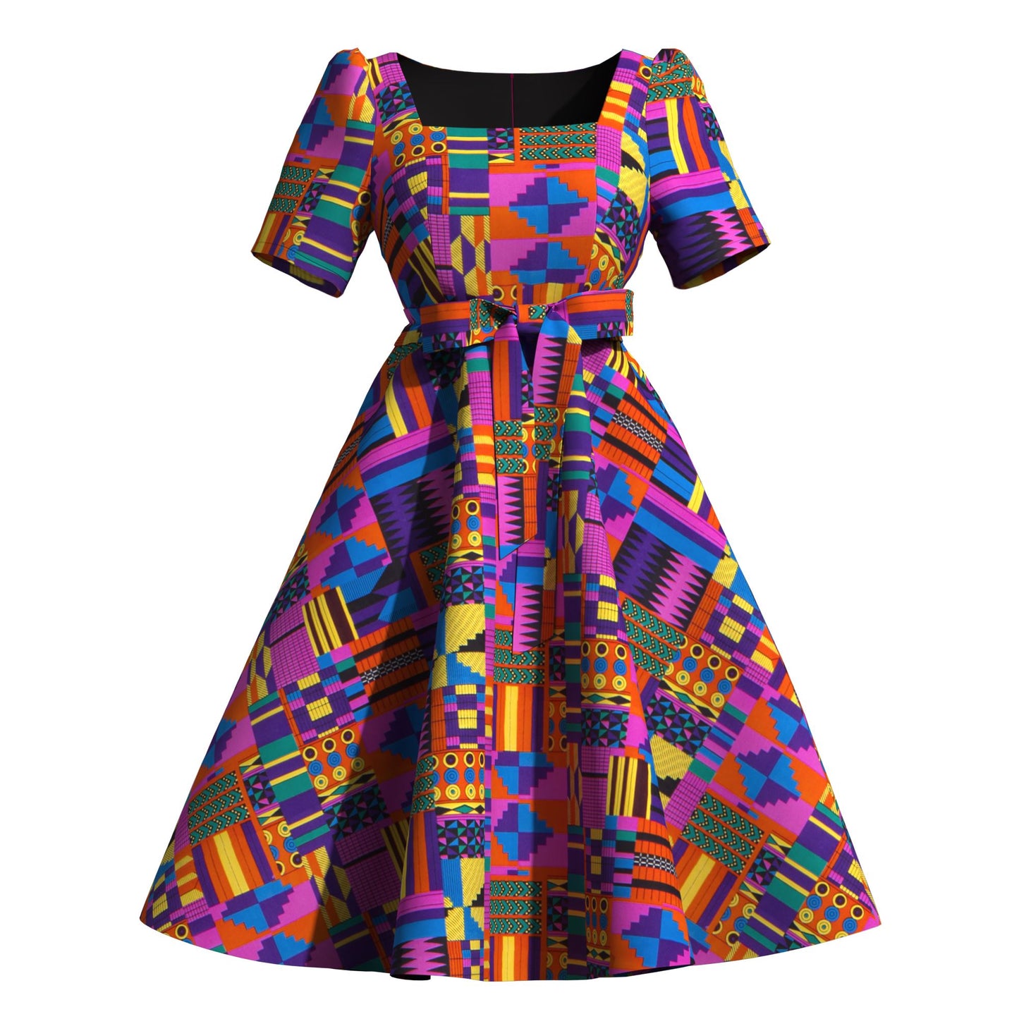 Women's African Print Midi Dress Short Sleeve & Belted Waist A-Line Ankara Fashion Dress
