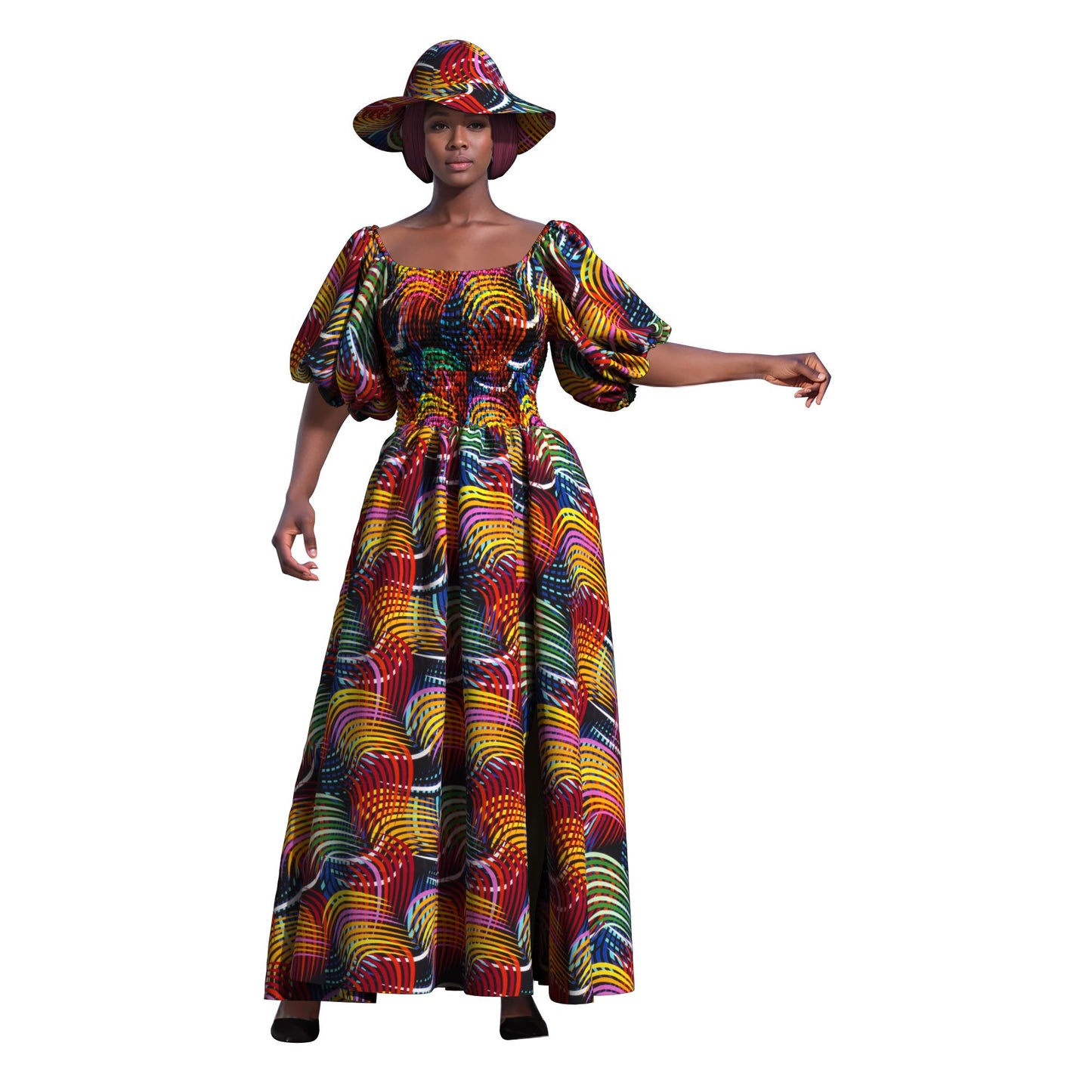 Elegant Cultural Print Maxi Dress with Puff Sleeves & Wide Brim Hat