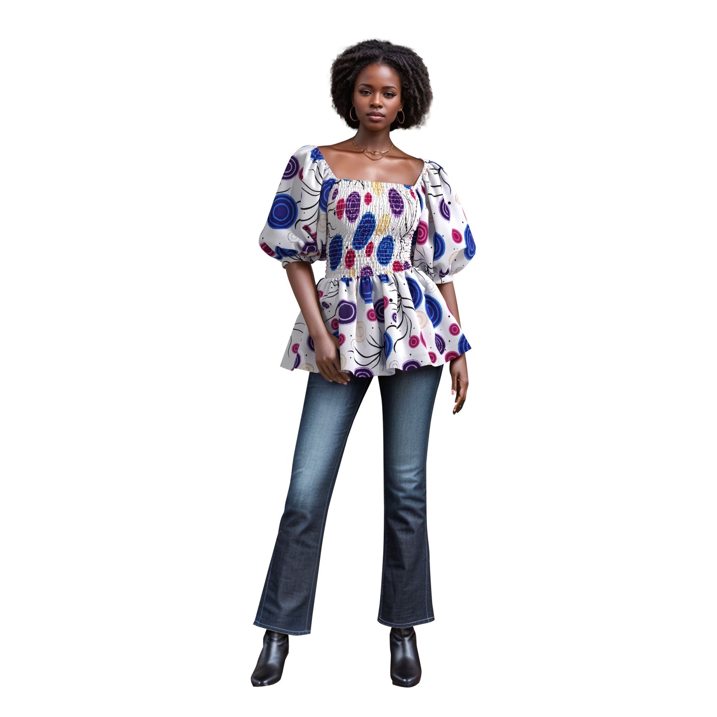 Tropical Wave African Print Puff Sleeve Peplum Blouse – Bold Colorful Ankara Top