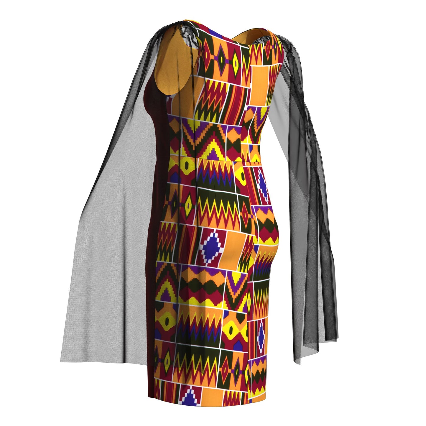 Traditional West African Print Sheath Dress – Sheer Cape Sleeve with Velvet Side Panels