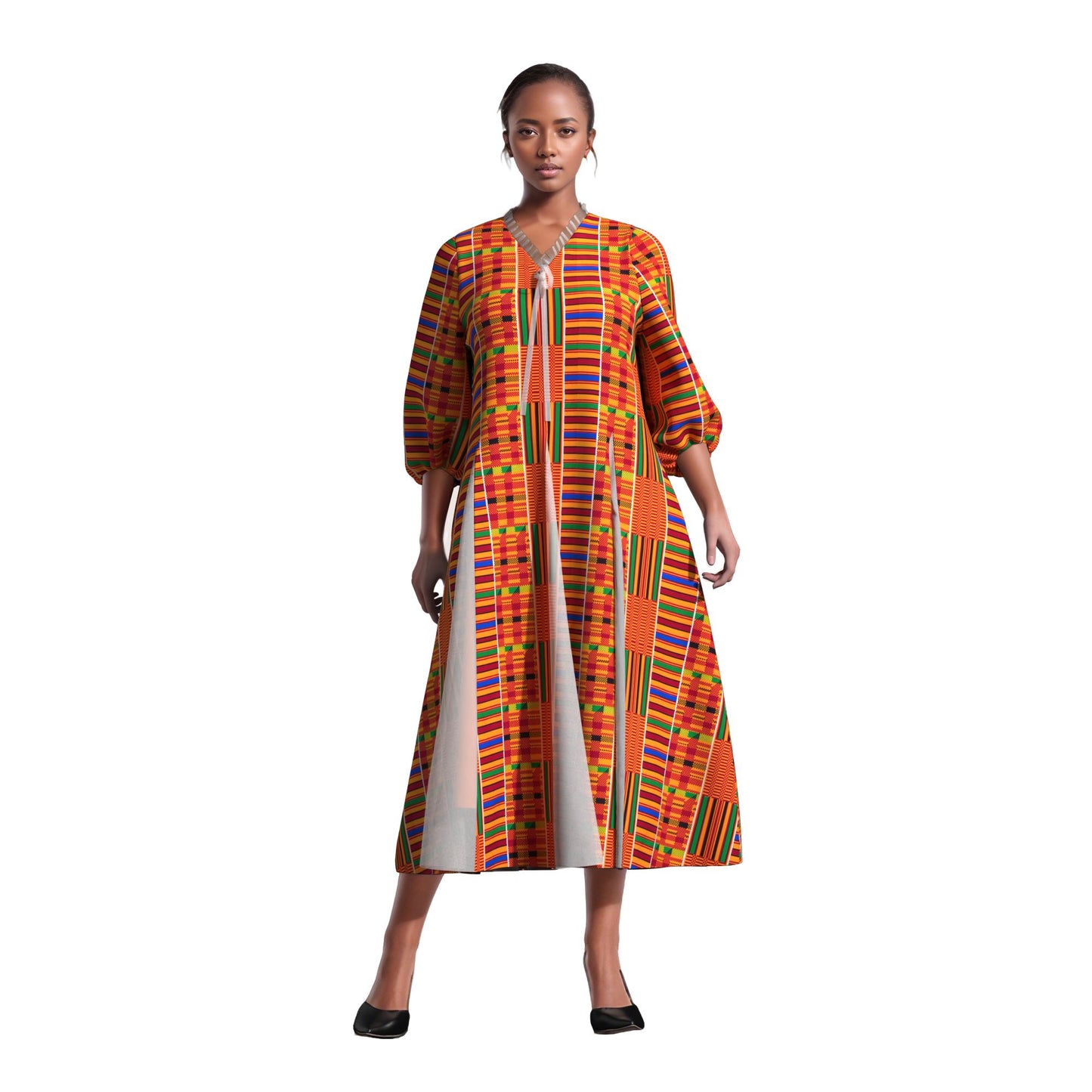 Women Bold Tribal Floral Print V Neck Puff Midi Dress Sheer Panel Split Layer Church Party Outfit