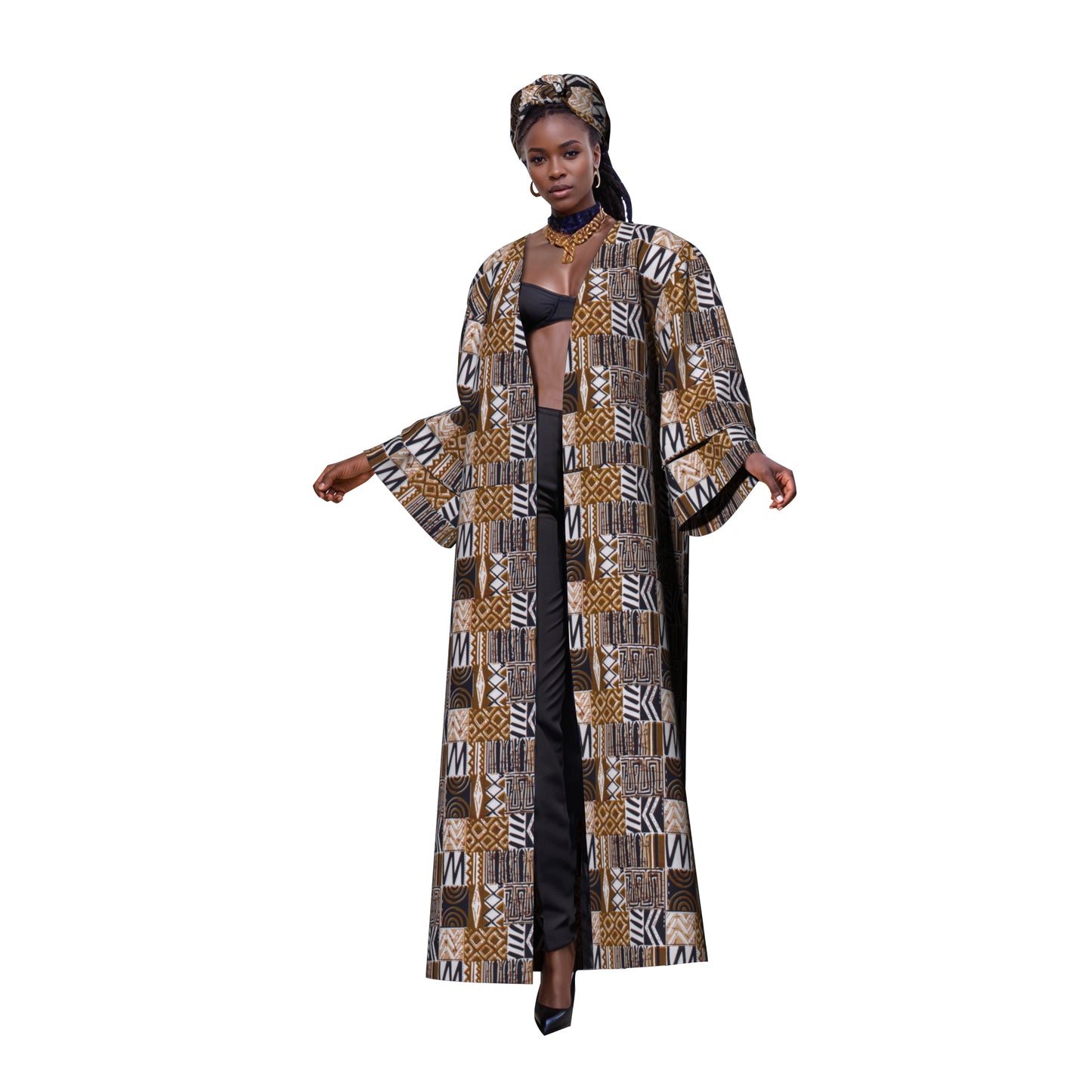 African Women All Over Cultural Print Loose Long Open Front Outerwear Matching Printed Head Wrap Set