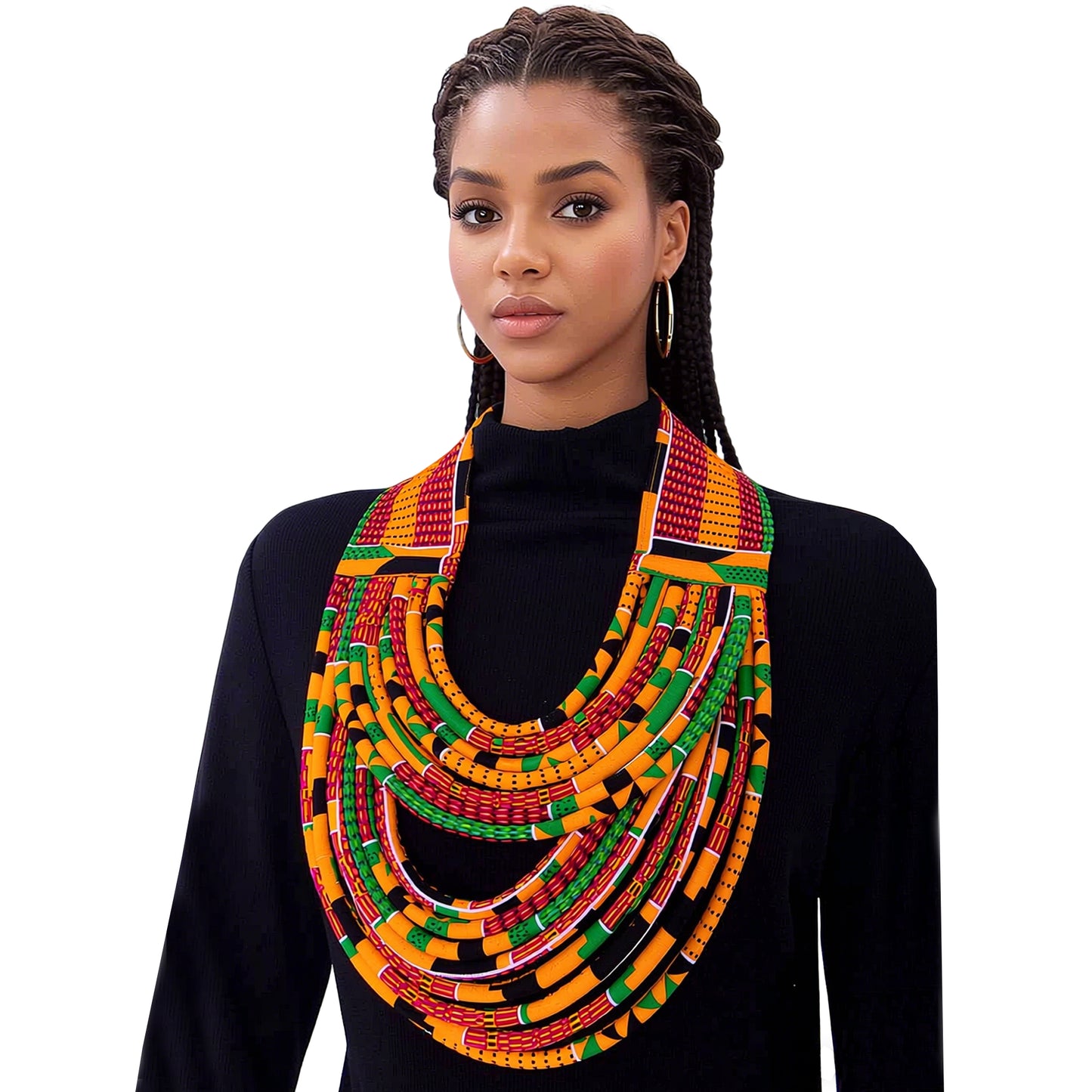 African Women Handmade Multi Loop Kente Fabric Necklace Daily Church Fashion Accessories