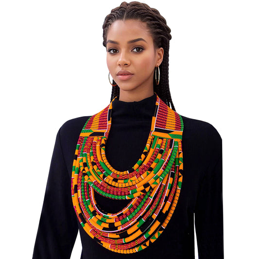 African Women Handmade Multi Loop Kente Fabric Necklace Daily Church Fashion Accessories