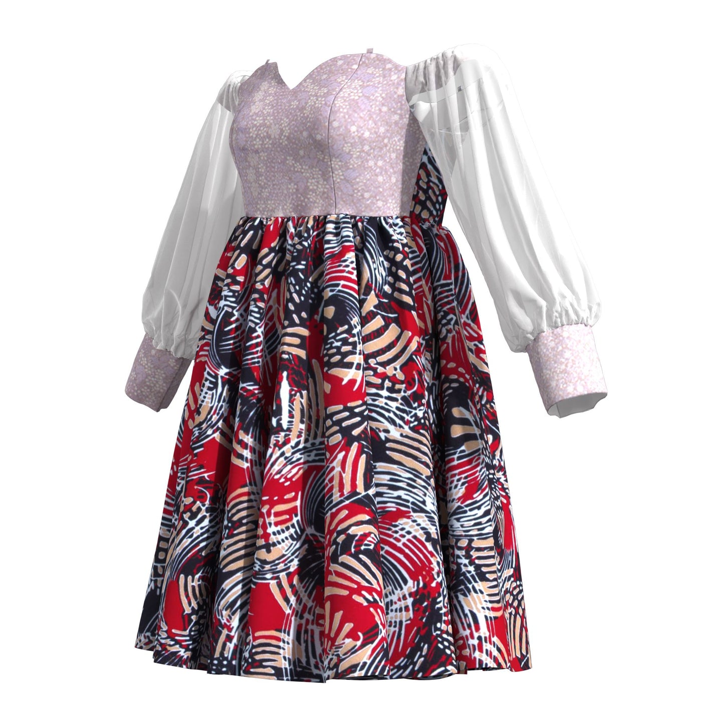 African Print Sequin Off Shoulder Mesh Sleeve A-Line Dress