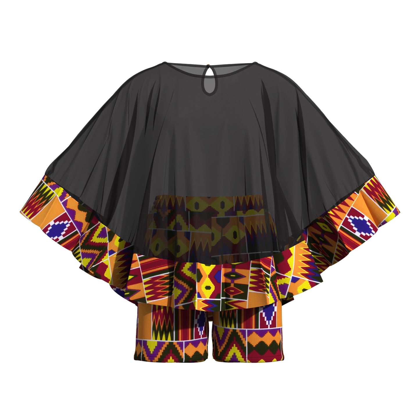 African Print Chiffon Cape Top & Shorts Two-Piece Set