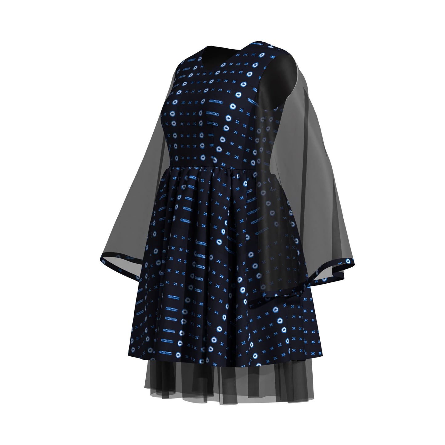 Ethnic African Floral Print Sheer Mesh Flare Sleeve Dress