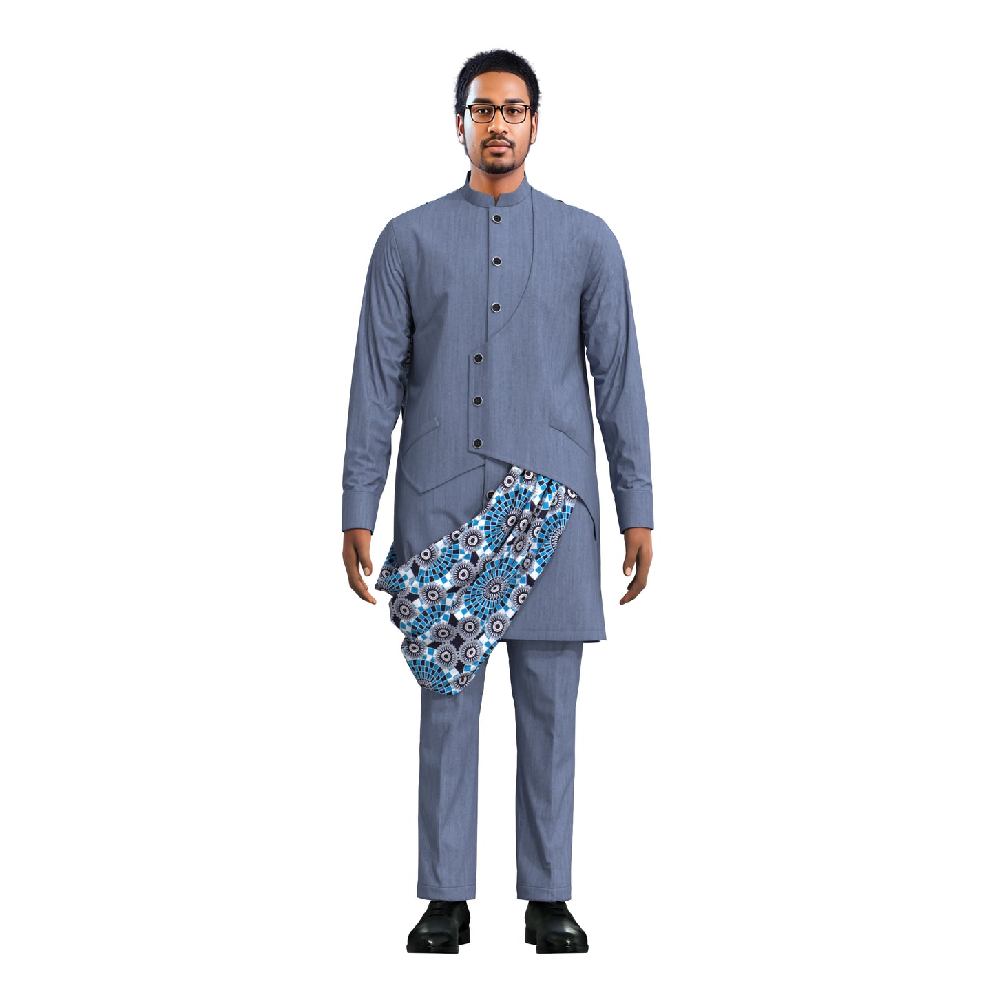 Stylish Men Matching Trousers Outfit, Suit Fabric Top with African Printed Drape Detail