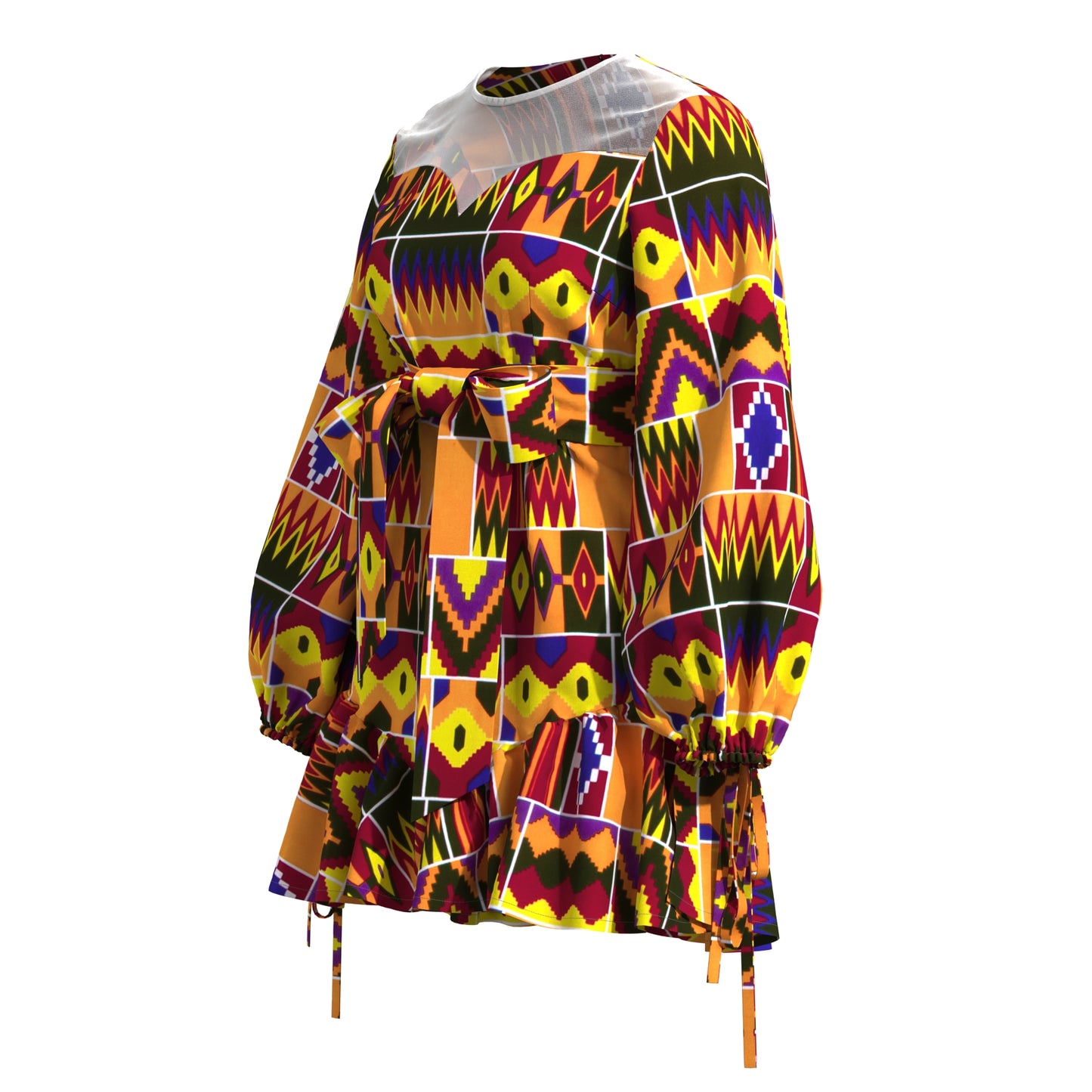 Sheer Mesh Neck African Print Belted Mini Dress