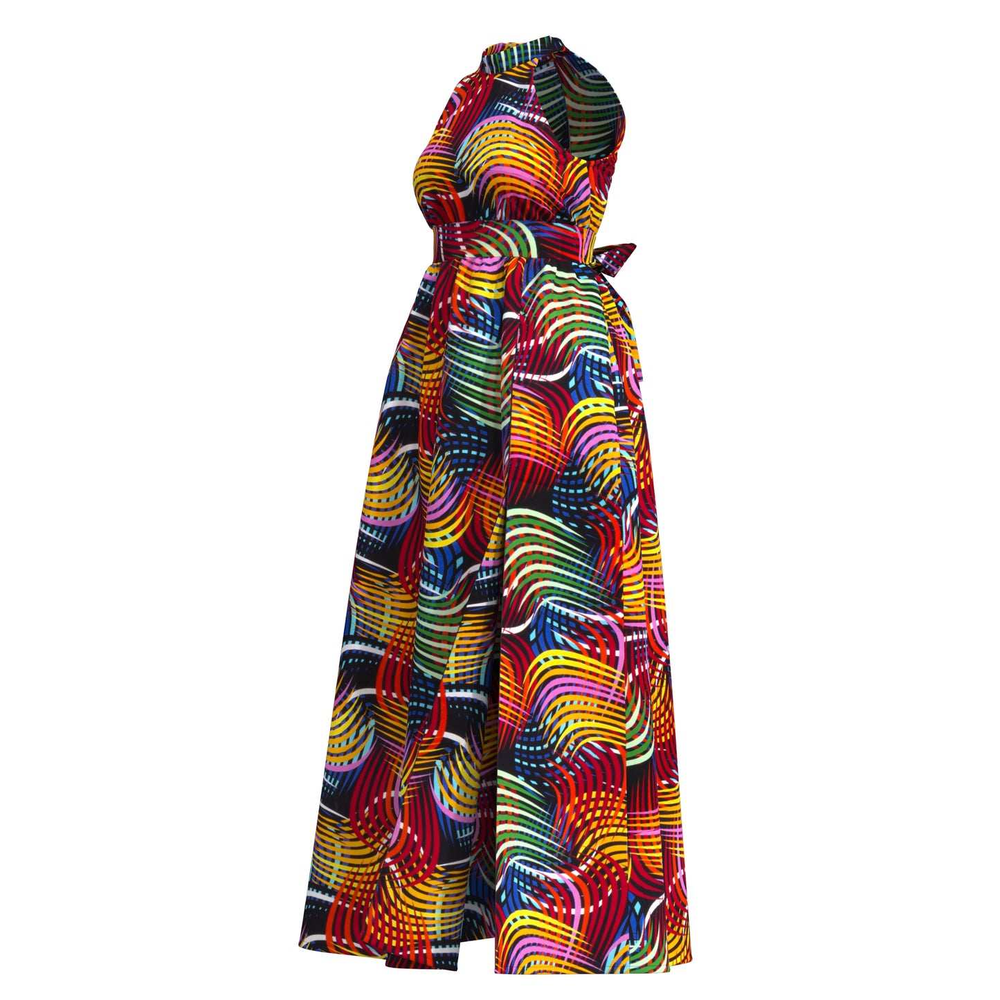 Ladies African Fabric Halter Maxi Dress With Back Bow & Side Split
