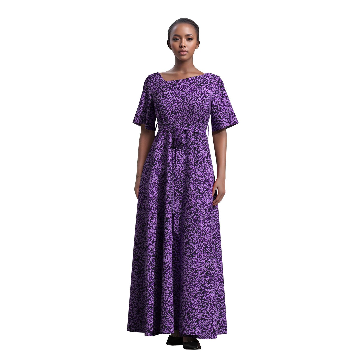 nkara Print Asymmetric Collar Short Sleeve Waist Tie Long Dress