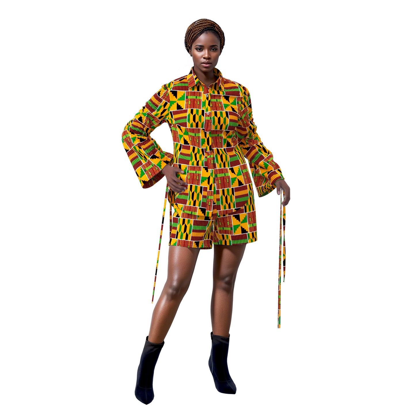 African Print Smocked Sleeve Shirt & Shorts Two-Piece Set