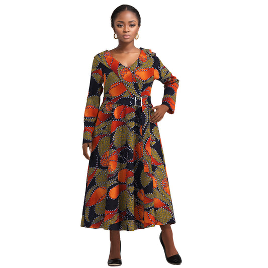 V-Neck Long Sleeve African Print Midi Dress with Tie Waist Belt