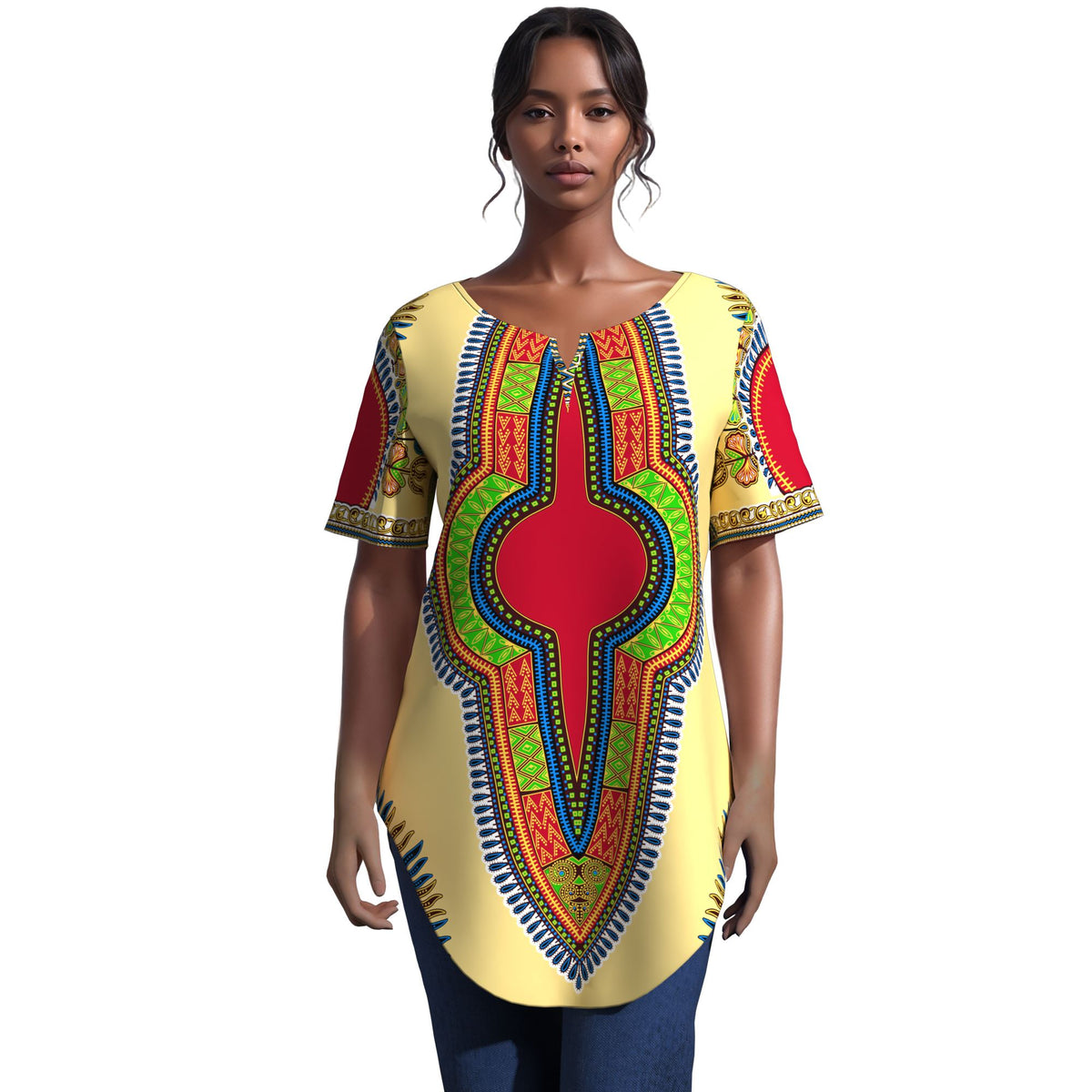 African JAVA Print Dashiki Tunic Top, Women Short Sleeve V‑Neck Curved Hem Loose Blouse WY10632