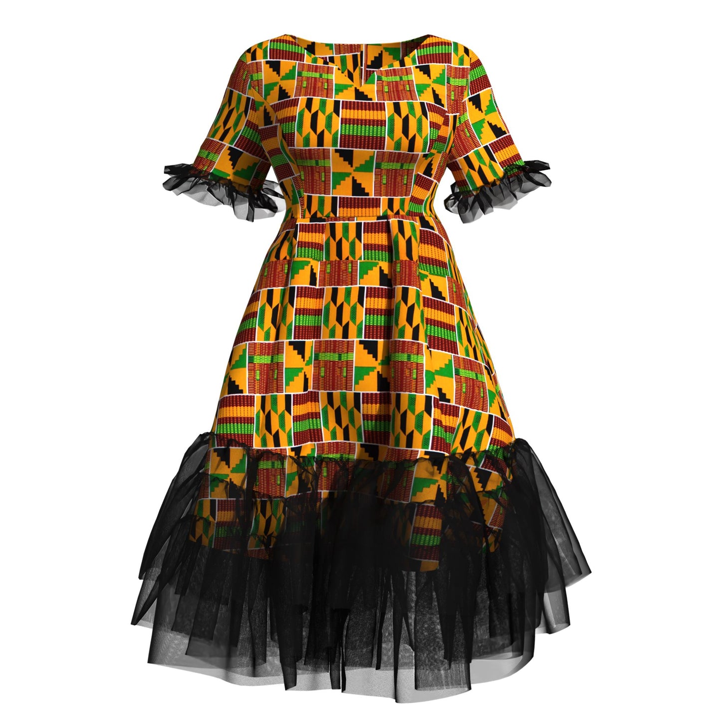Kente Print Tiered Tulle Midi Dress – Short Sleeve Ankara Dress with Sheer Trim