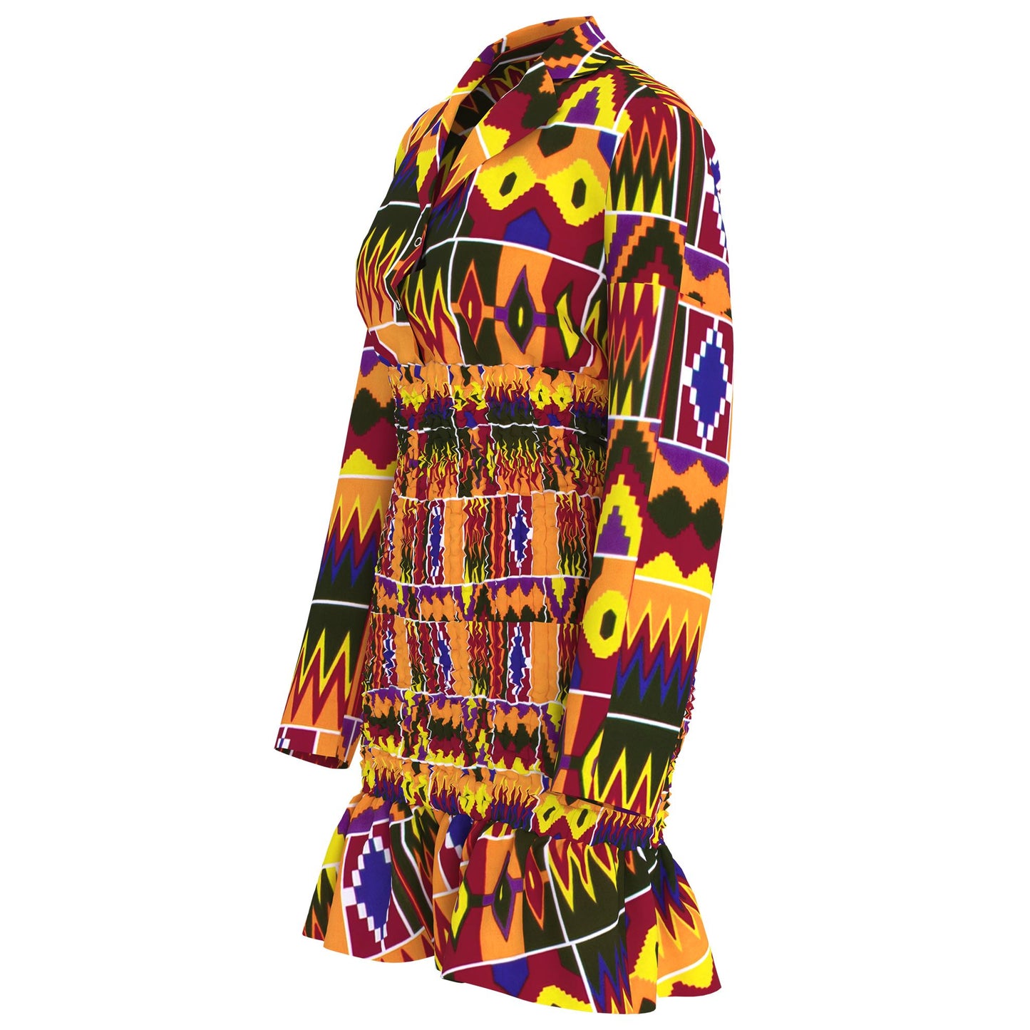 African Print Long Sleeve Shirt Collar Smocked Waist Dress