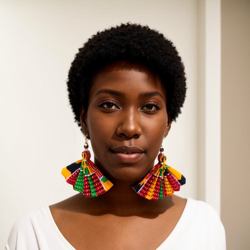 Handmade Fan Earrings with African Wax Print – Wire-Wrapped Cultural Dangle Earrings