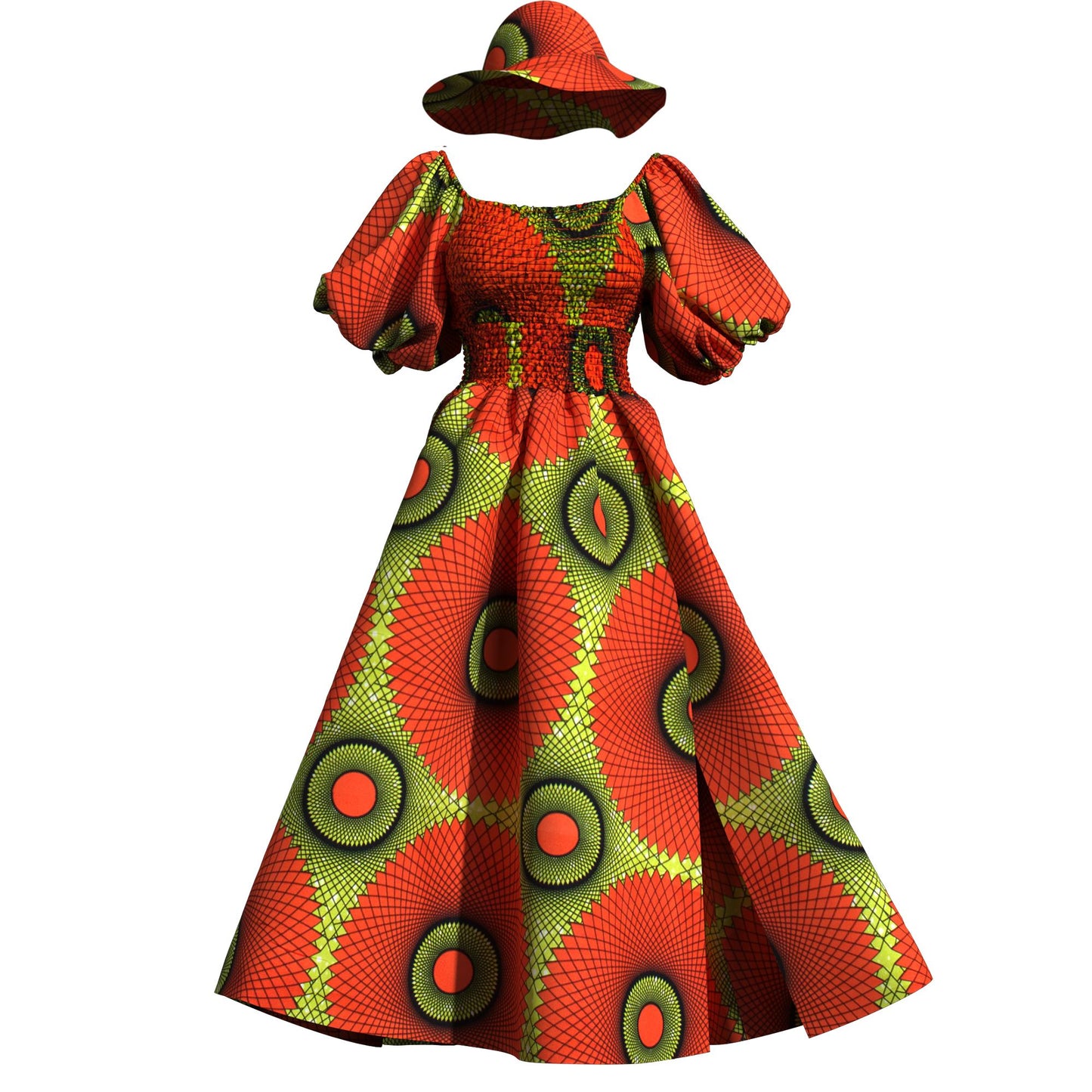 Elegant Cultural Print Maxi Dress with Puff Sleeves & Wide Brim Hat