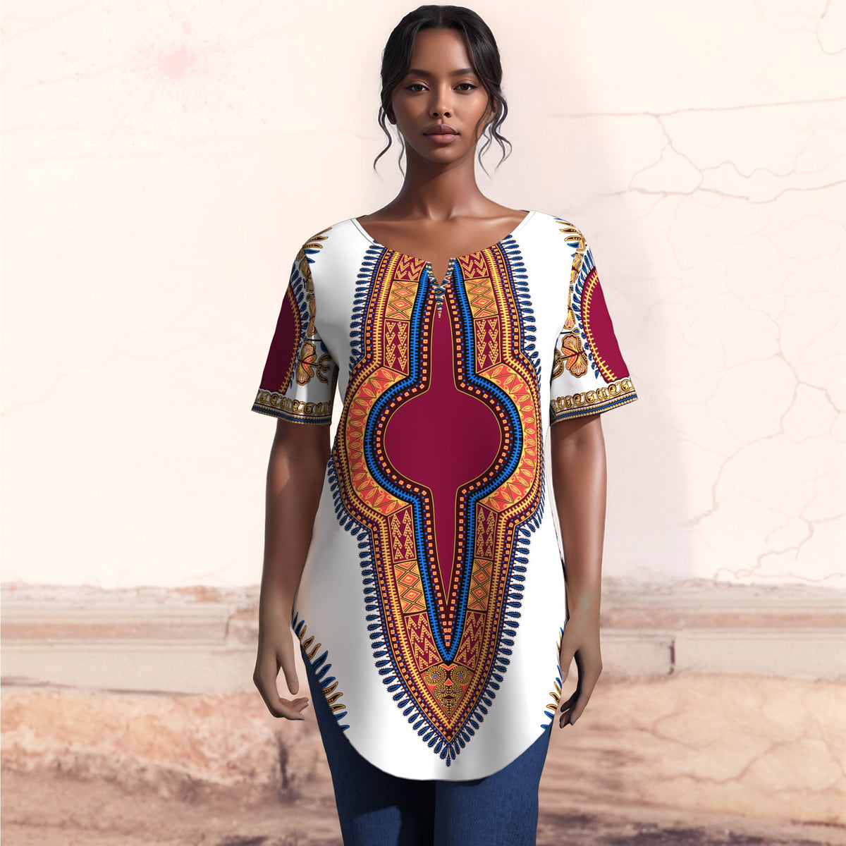 African JAVA Print Dashiki Tunic Top, Women Short Sleeve V‑Neck Curved Hem Loose Blouse WY10632