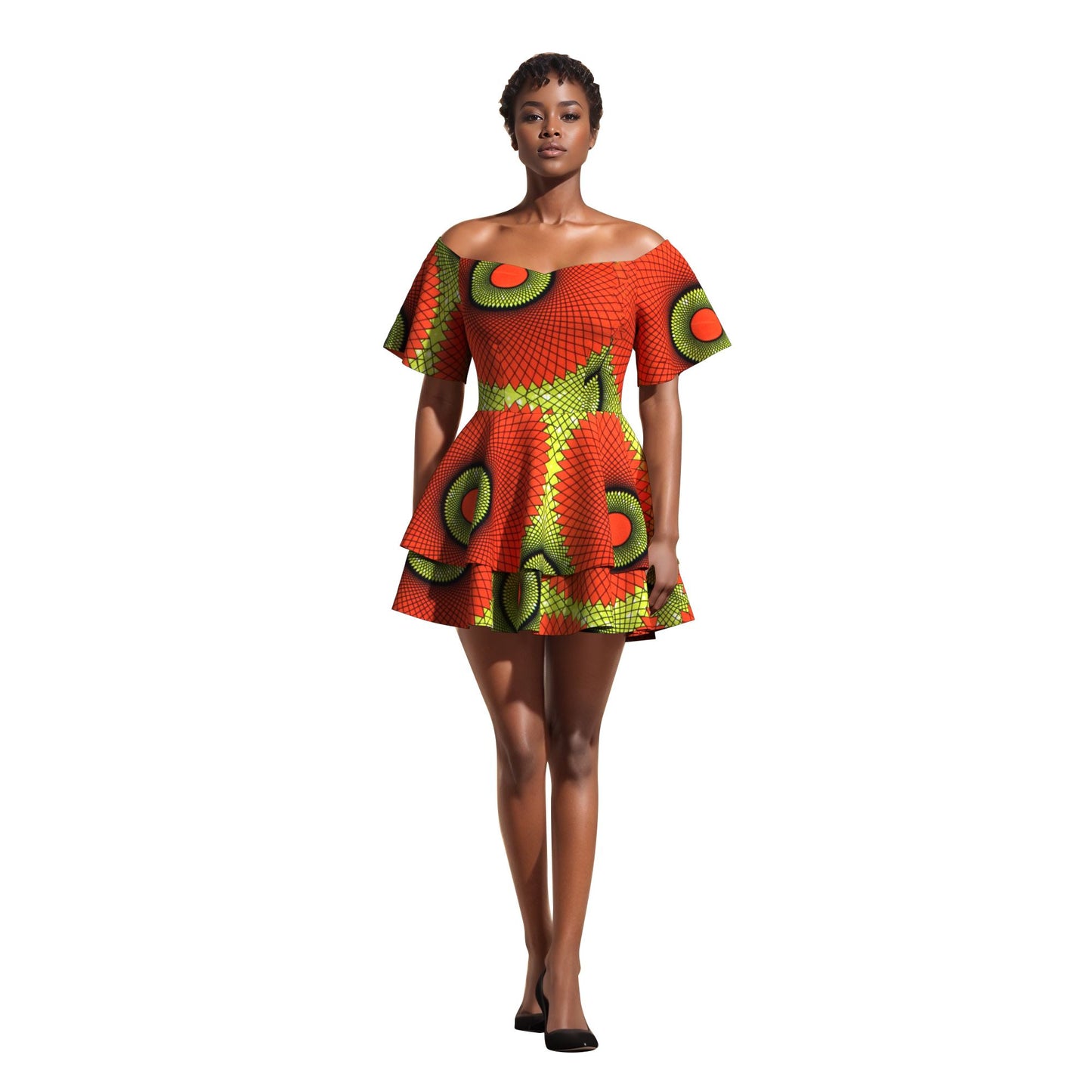 African Print Flowy Off-Shoulder Tiered Mini Dress for Women