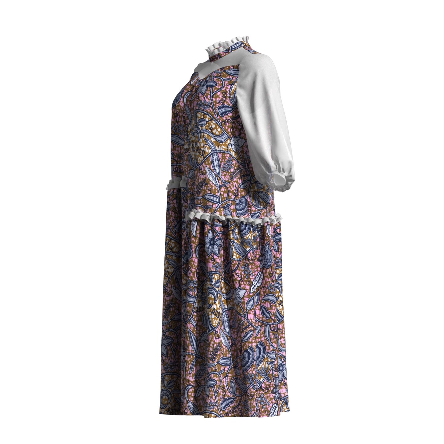 African Fabric Sheer Mesh Ruffle Collar Tiered Swing Midi Dress