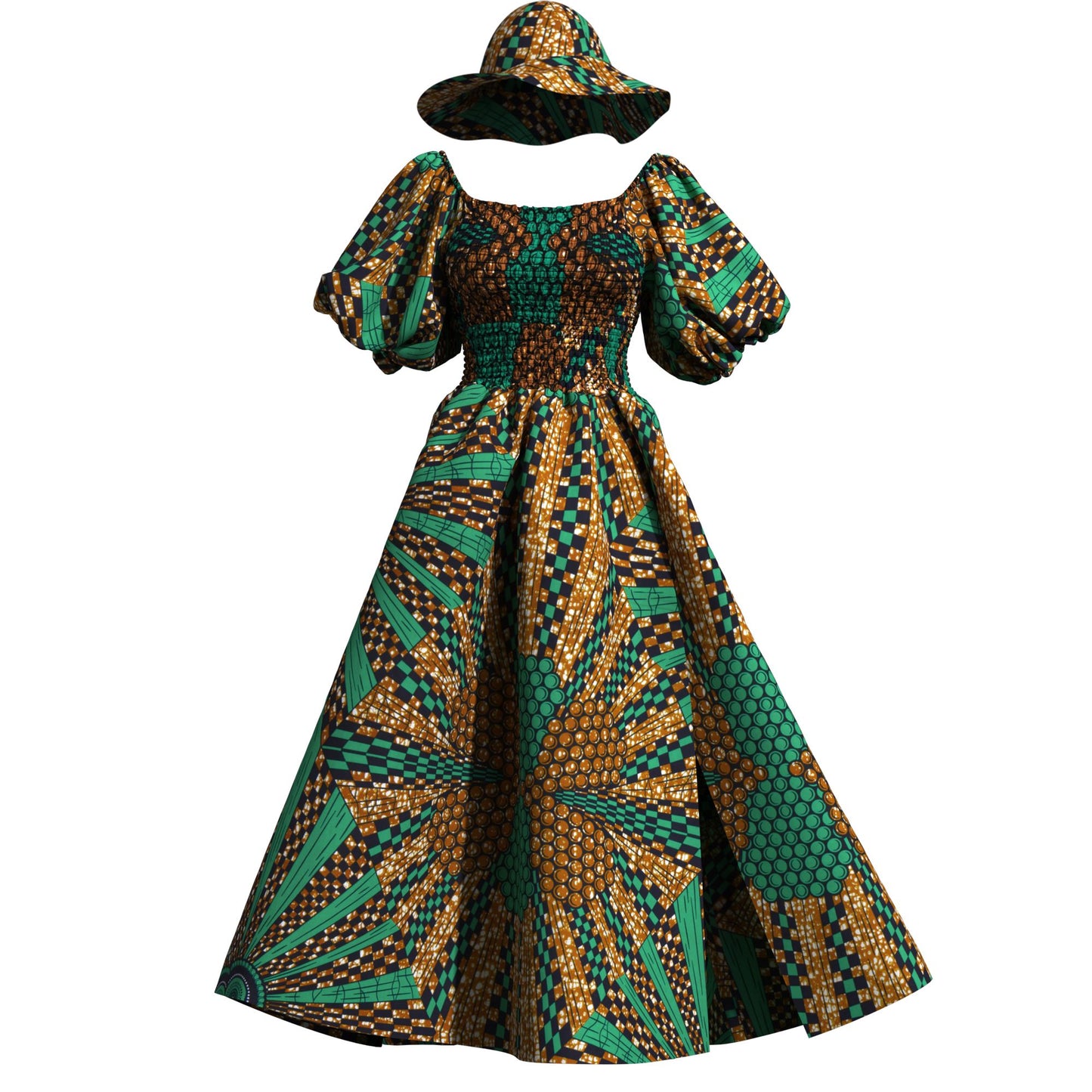 Elegant Cultural Print Maxi Dress with Puff Sleeves & Wide Brim Hat