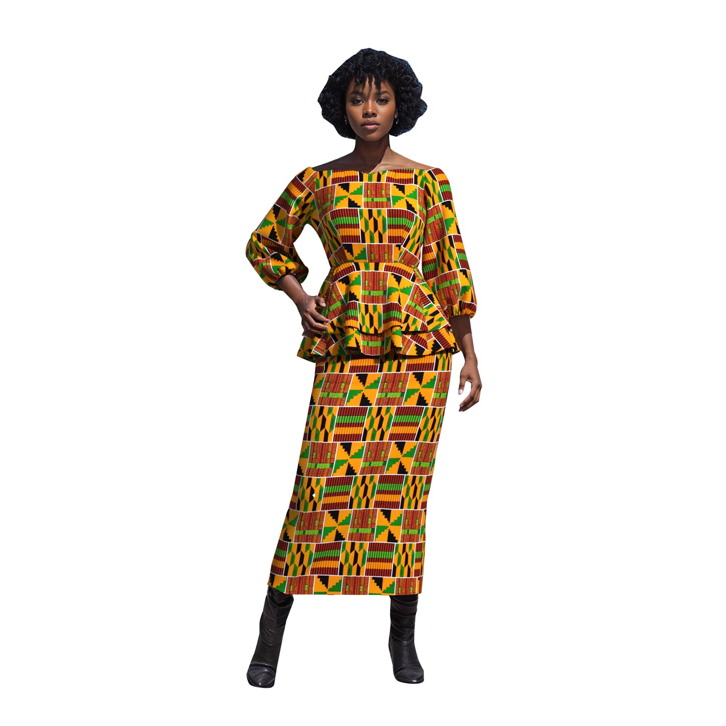 Ankara Print Elastic Cuff Peplum Top & Maxi Skirt Set