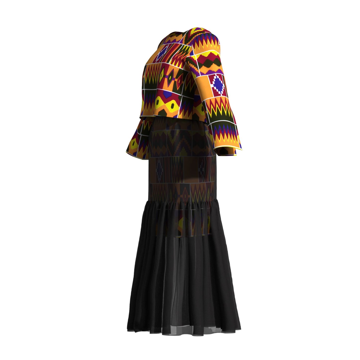 African Print Layered Sheer Mesh Mermaid Maxi Skirt Two Piece Set