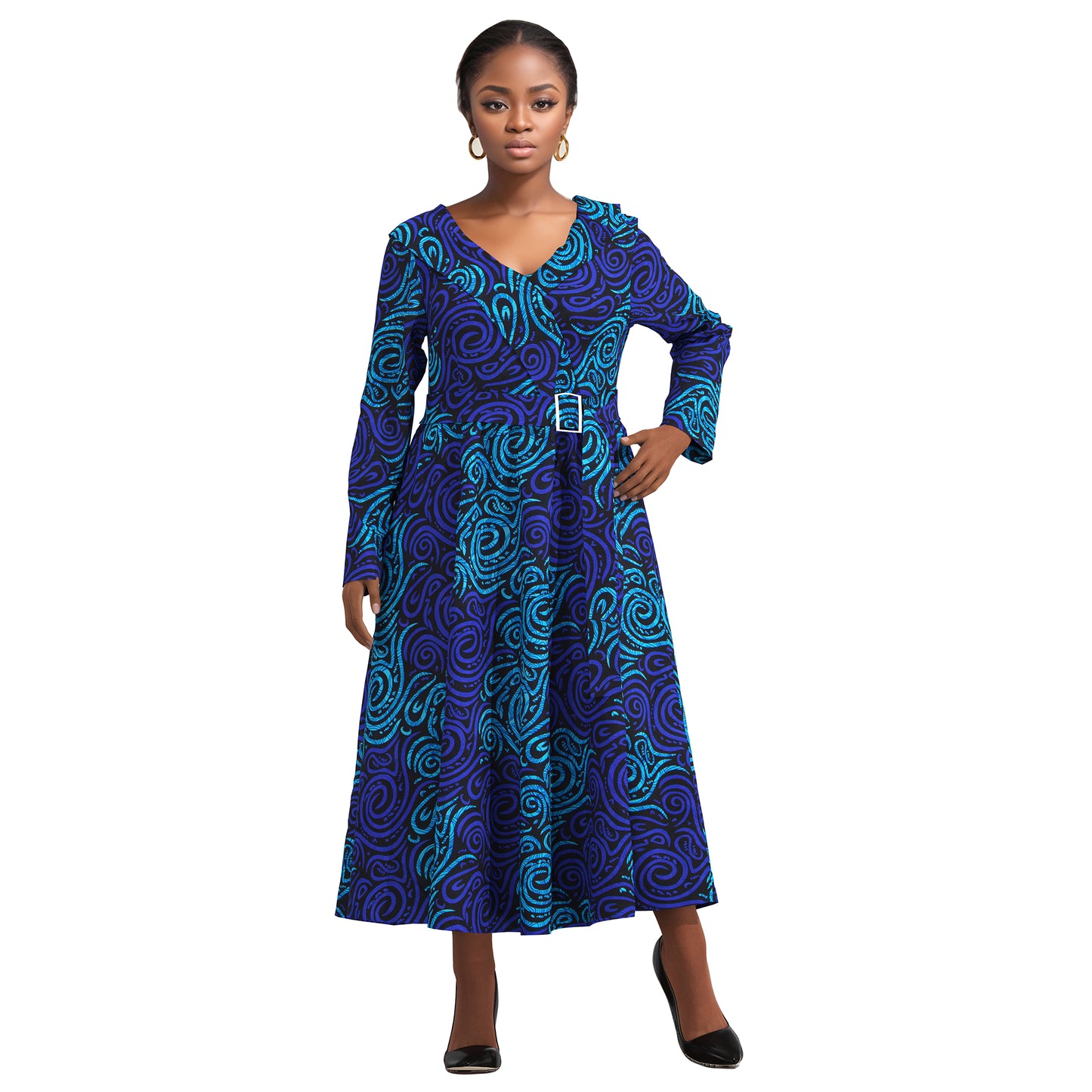 V-Neck Long Sleeve African Print Midi Dress with Tie Waist Belt
