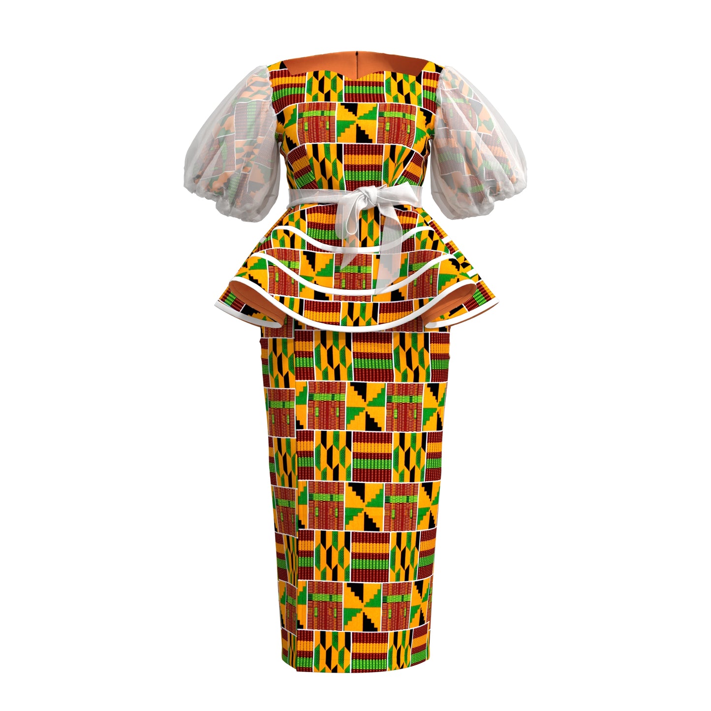 African Print Organza Sleeve Peplum Top & Midi Skirt Set