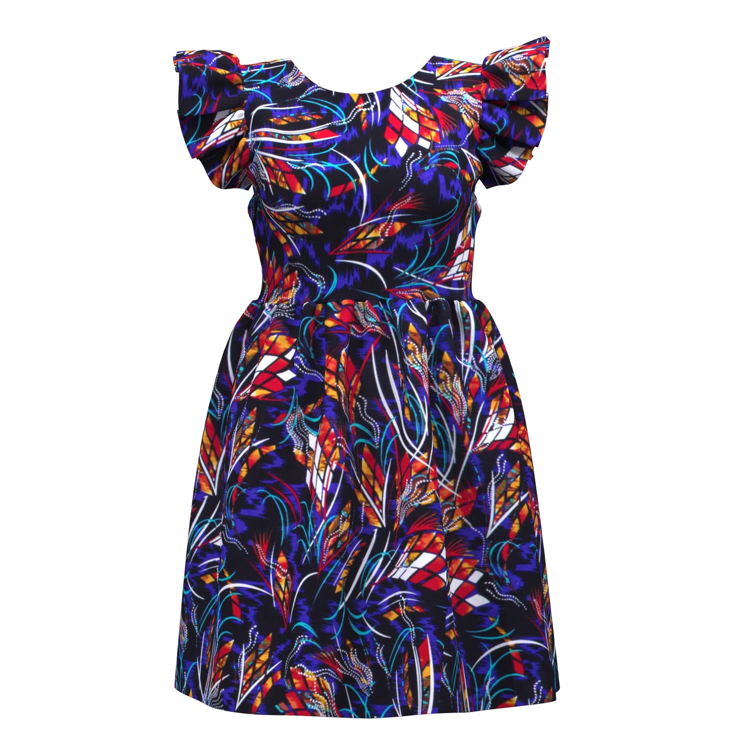 African Print Pleated Sleeve Tie-Back Backless Dress