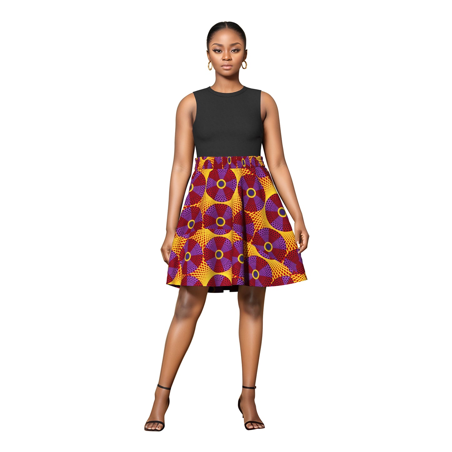African Print High Waist Swing Skirt with Elastic Waistband