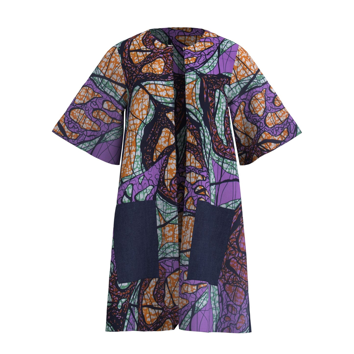 Women's African Print Long Kimono Jacket No-Button Loose Fit with Pockets Ankara Fashion Top