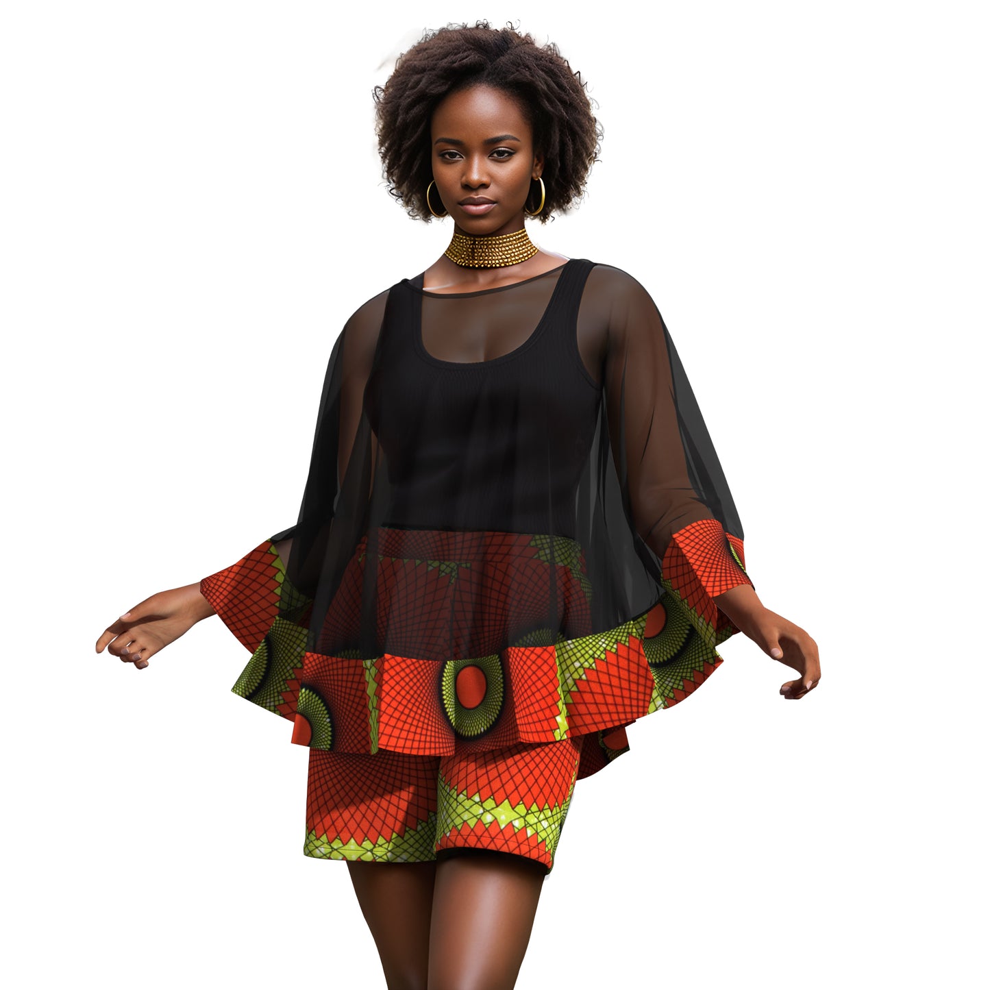 African Print Chiffon Cape Top & Shorts Two-Piece Set