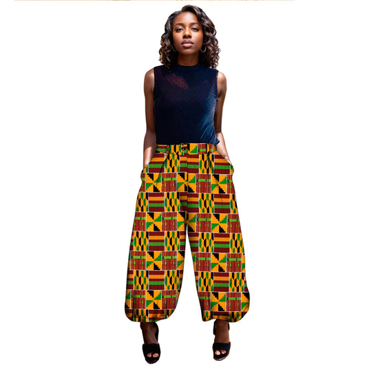 Authentic Kente Print High-Waist Jogger Pants – Vibrant African Wax Print Trousers for Afrocentric Fashion