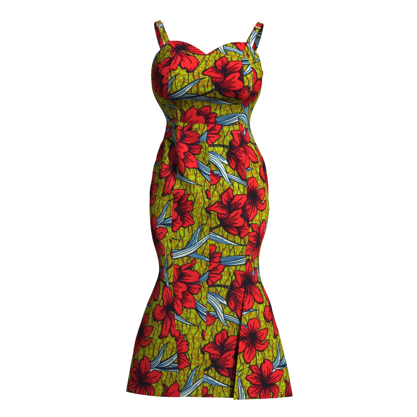 Ankara Print Sweetheart Neck Bodycon Midi Dress with Slit