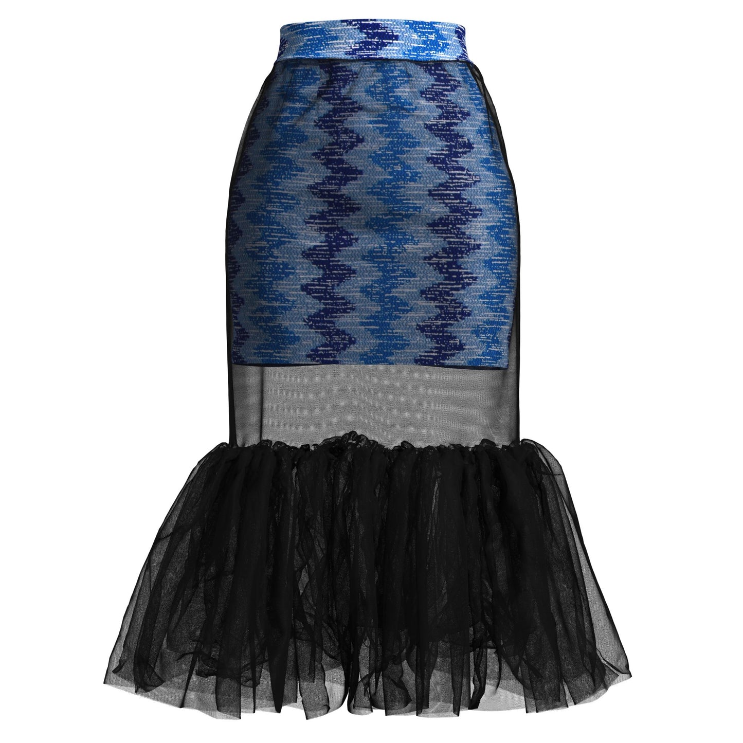 African Print Mesh Overlay Mermaid Midi Skirt