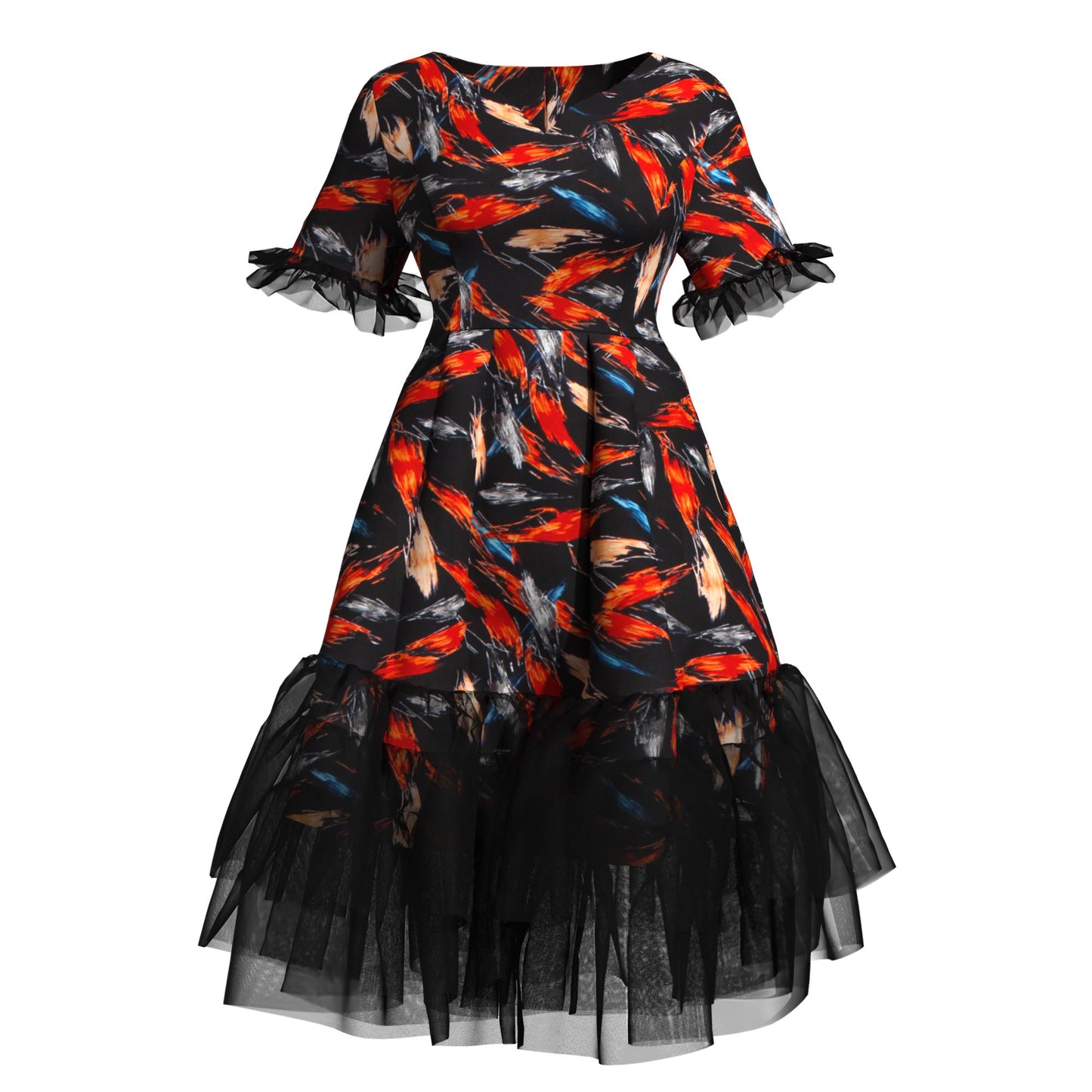 Kente Print Tiered Tulle Midi Dress – Short Sleeve Ankara Dress with Sheer Trim