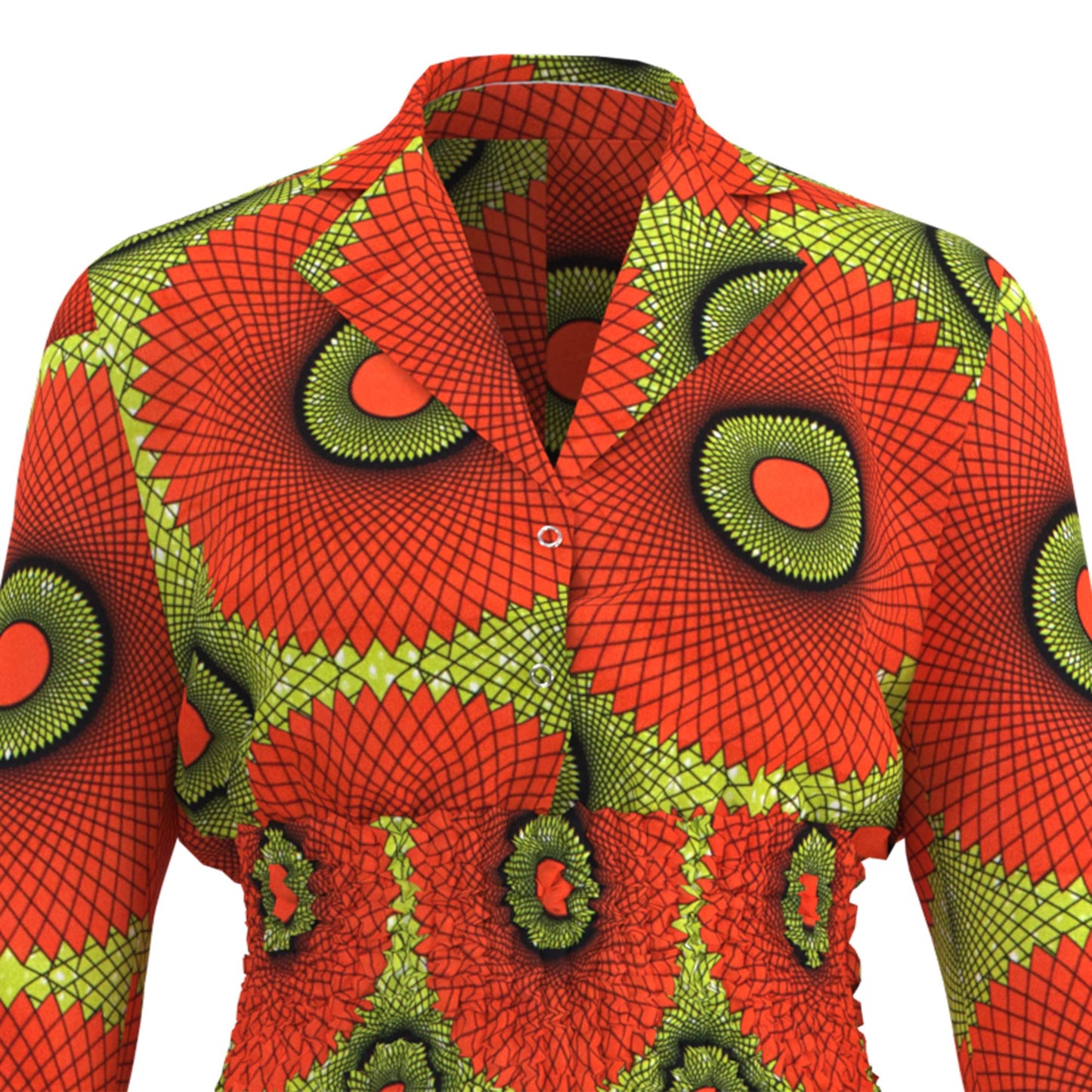 African Print Long Sleeve Shirt Collar Smocked Waist Dress