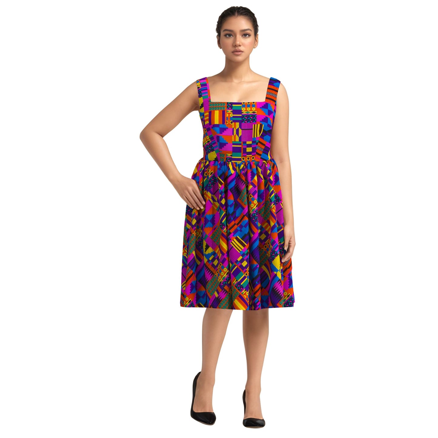 African Print Square Neck Sleeveless A-Line Midi Dress