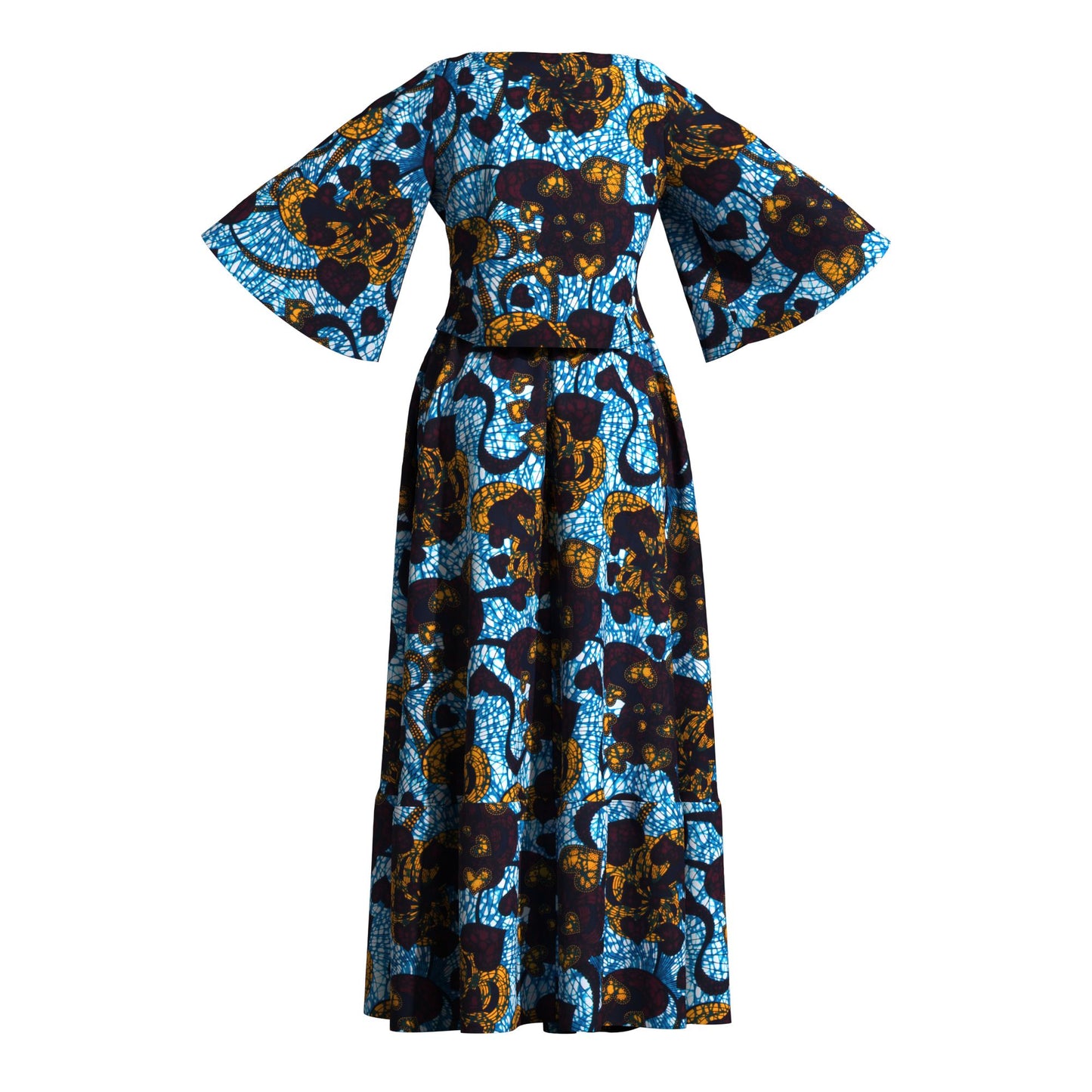 African Print Two Piece Outfit Women Notch Neck Crop Top & Tiered Maxi Skirt Set High Waist Slimming Matching Suit