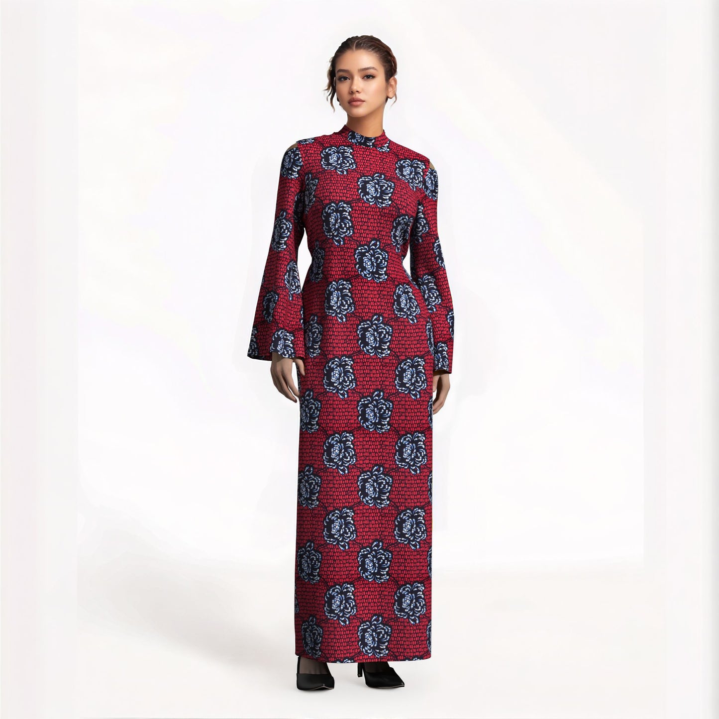 Ladies Kente Geometric Wax Print Long Dress High Neck Bell Sleeve Slim African Party Gown