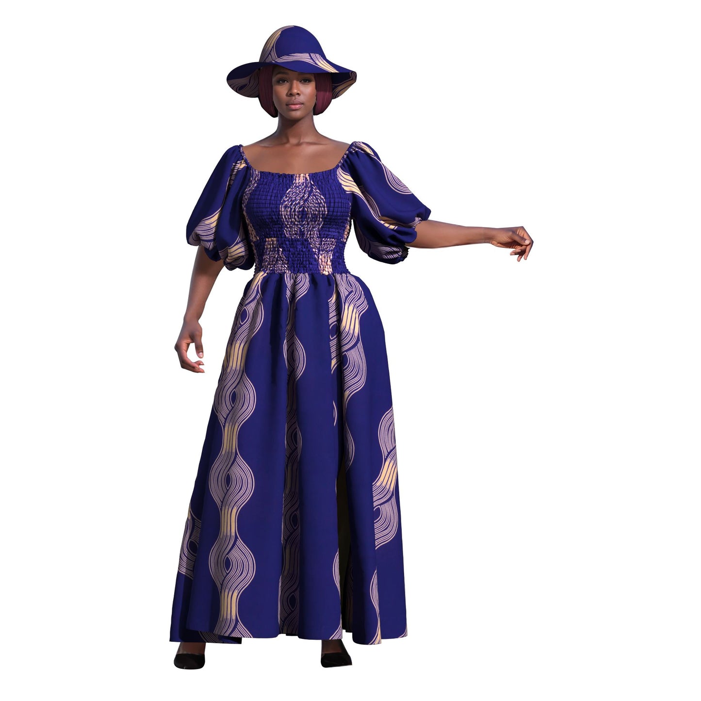 Elegant Cultural Print Maxi Dress with Puff Sleeves & Wide Brim Hat